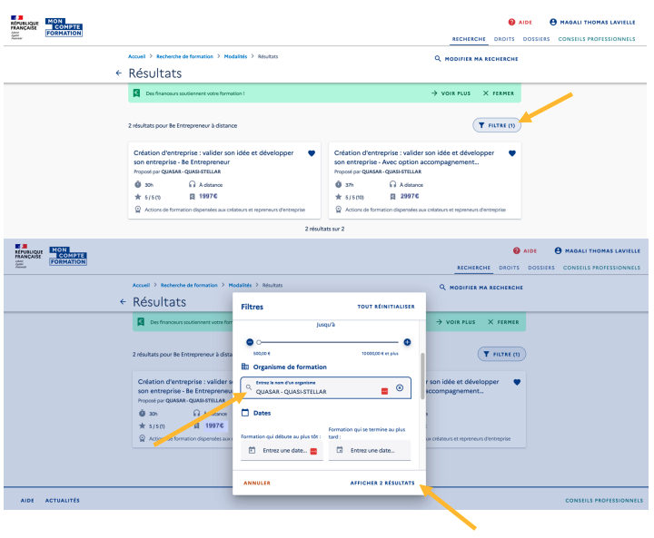 Affichage des résultats de recherche pour la formation Be Entrepreneur sur le site CPF, avec activation du filtre "Organisme de formation : QUASAR – QUASI-STELLAR".