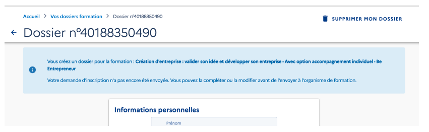 Écran de création de dossier sur la plateforme CPF pour la formation "Be Entrepreneur