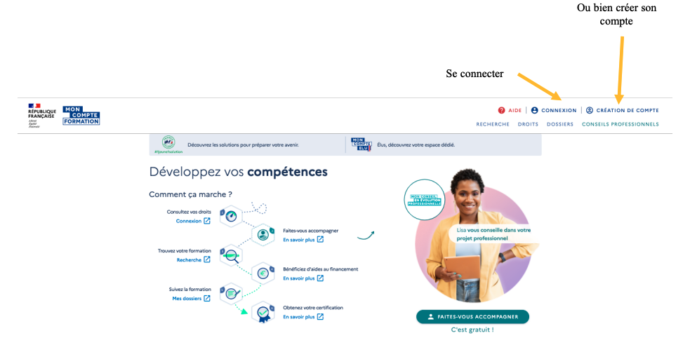 Capture d'écran de la page d'accueil du site officiel du Compte Personnel de Formation (CPF), mettant en évidence les boutons pour créer un compte ou se connecter avec un compte existant. Des encadrés rouges ou flèches guident visuellement l'utilisateur vers les options de connexion et d'inscription.