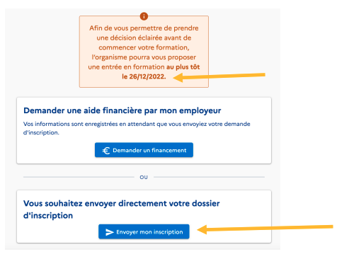 Écran final du site CPF proposant soit une demande de financement par l’employeur, soit l’envoi direct de l’inscription à la formation Be Entrepreneur, avec date d’entrée en formation précisée.