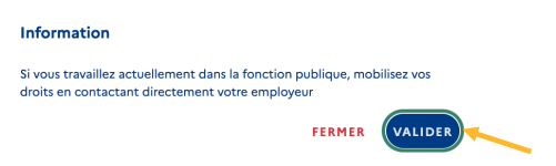 Message d’information sur le site CPF indiquant que les agents de la fonction publique doivent contacter leur employeur pour mobiliser leurs droits à la formation, avec bouton "Valider".