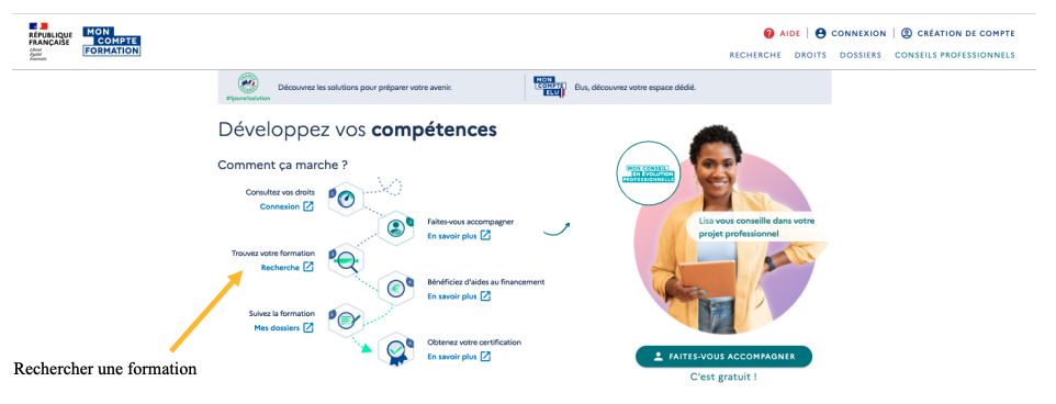 Page d’accueil du site Mon Compte Formation montrant l’option "Trouver une formation" pour rechercher des offres éligibles au CPF.