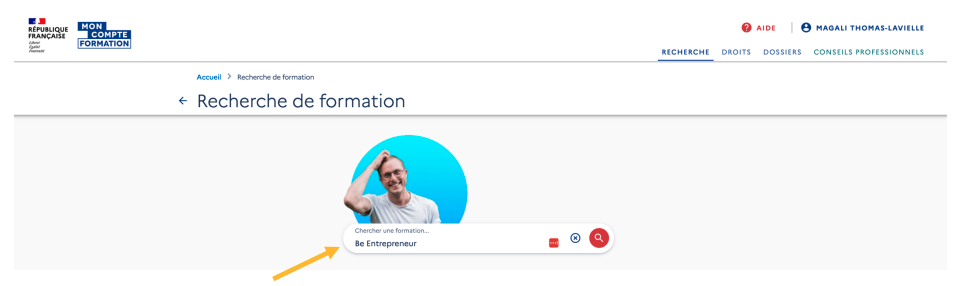 Saisie du mot-clé "Be Entrepreneur" dans la barre de recherche du site Mon Compte Formation pour trouver la formation.