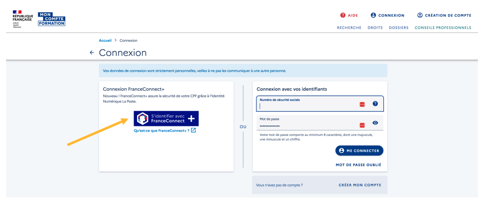 Capture d’écran du site CPF montrant le bouton FranceConnect pour s’identifier de manière sécurisée avec un compte existant (impots.gouv.fr, Ameli, etc.).