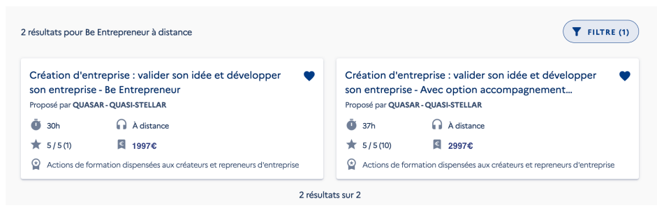 Résultats de recherche CPF affichant deux formations "Be Entrepreneur" proposées à distance par QUASAR – QUASI-STELLAR, avec ou sans option d'accompagnement.