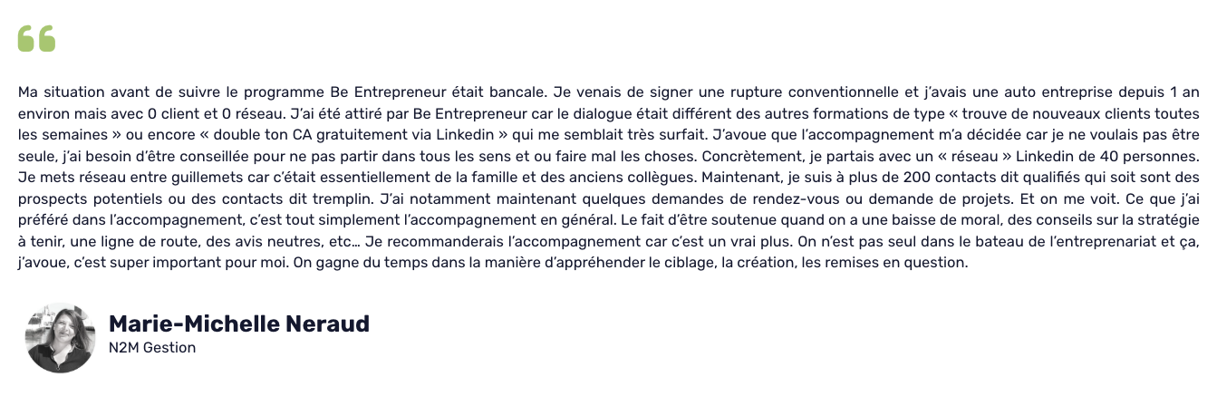 Témoignage de Marie-Michelle Neraud, consultante indépendante, expliquant comment l’accompagnement Be Entrepreneur l’a aidée à structurer son activité, développer son réseau et gagner en confiance.